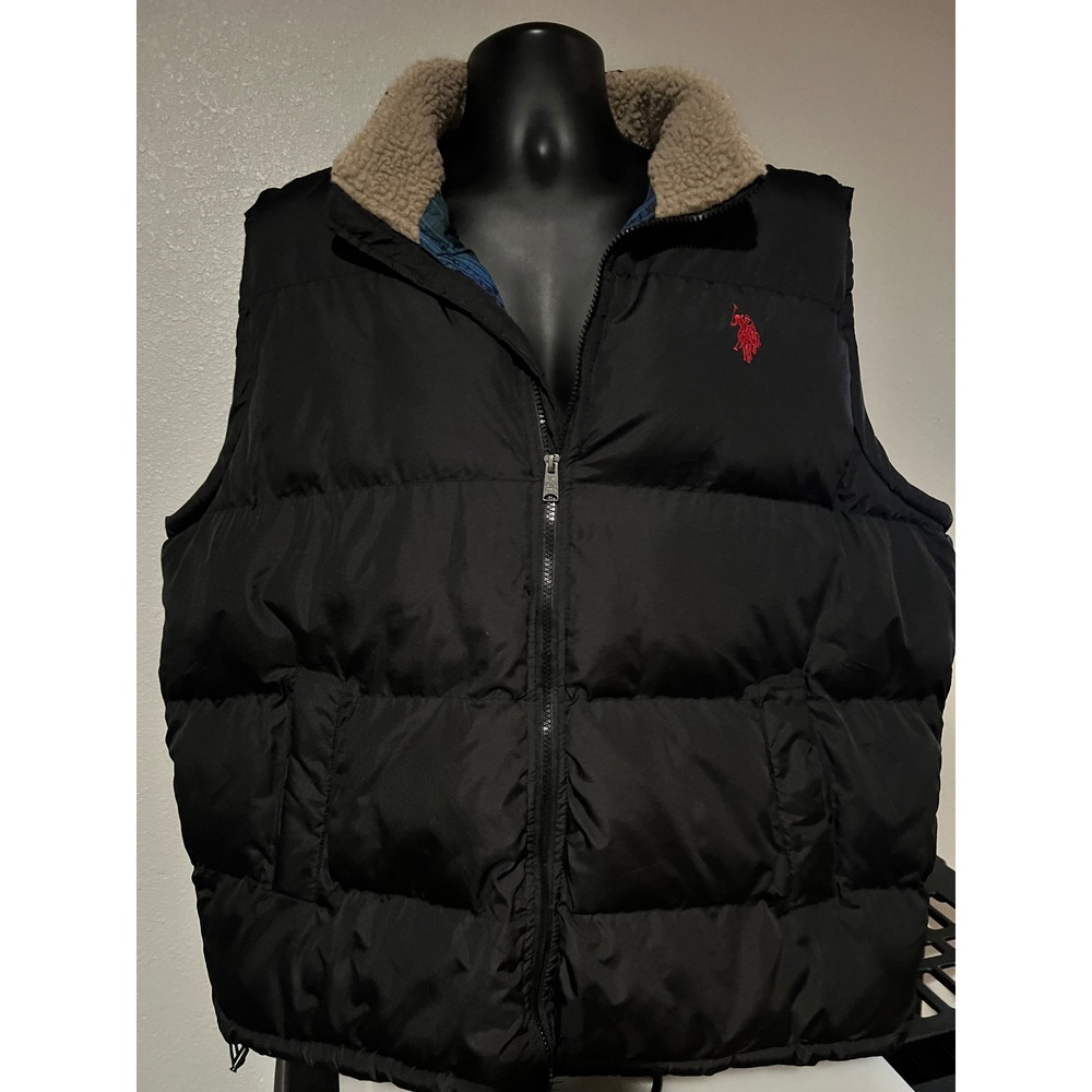 U.S. Polo Assn Puffer Vest Mens XXL Black Excellent Sherpa Collar Plaid Lining